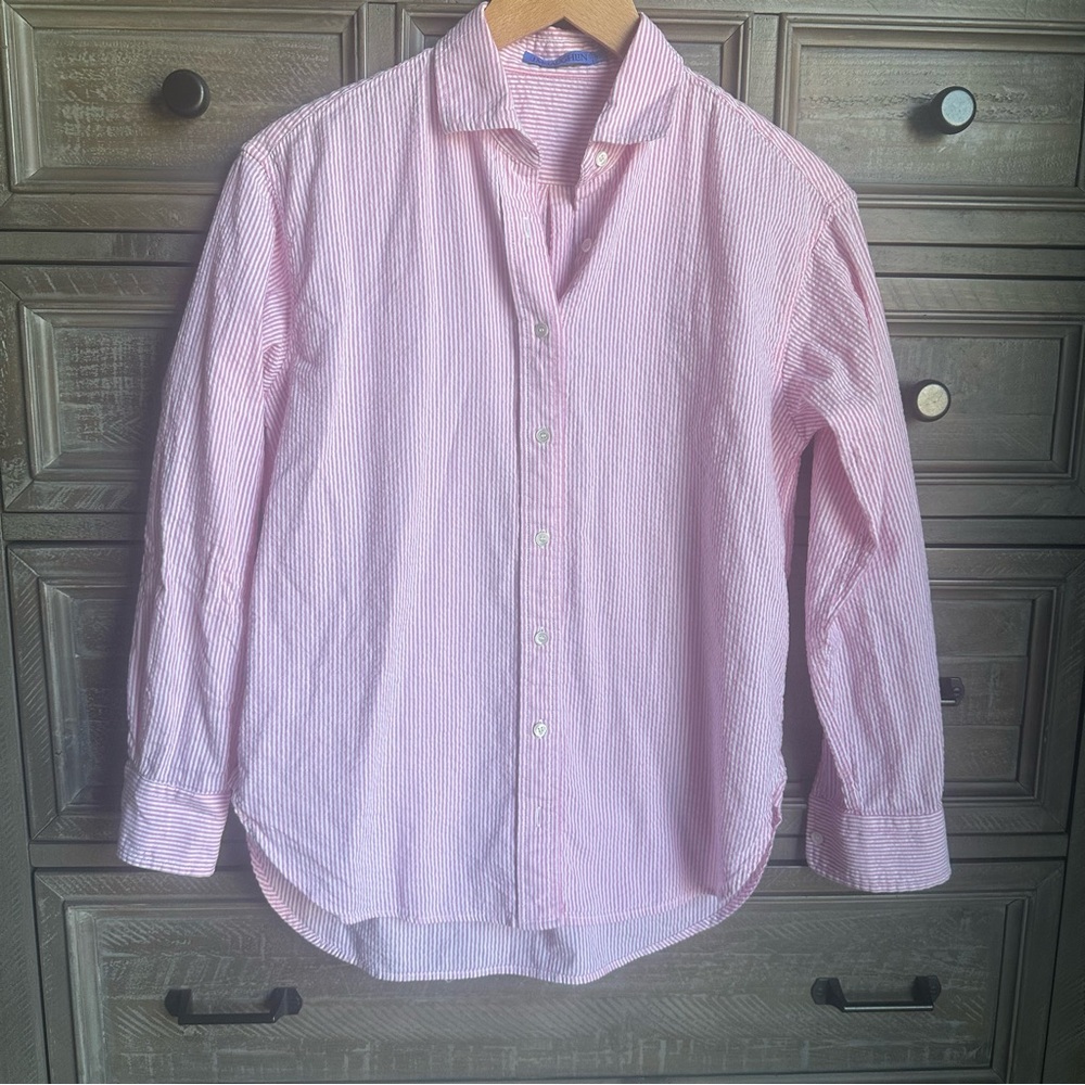 J.McLaughlin Seersucker XS Pink White Stripe Long Sleeve Button Shirt Classic